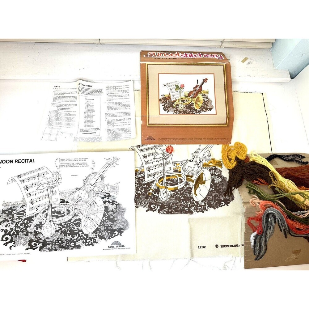 Sunset Stitchery Cross Stitch Kit Afternoon Recital Violin Horn Crewel Vintage